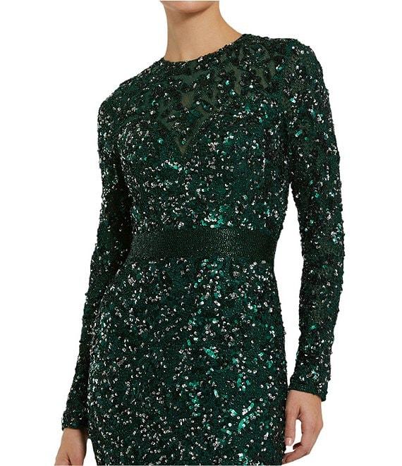 Mac Duggal Long Sleeve Hand Embellished Beaded Sequin Georgette Column Gown Product Image