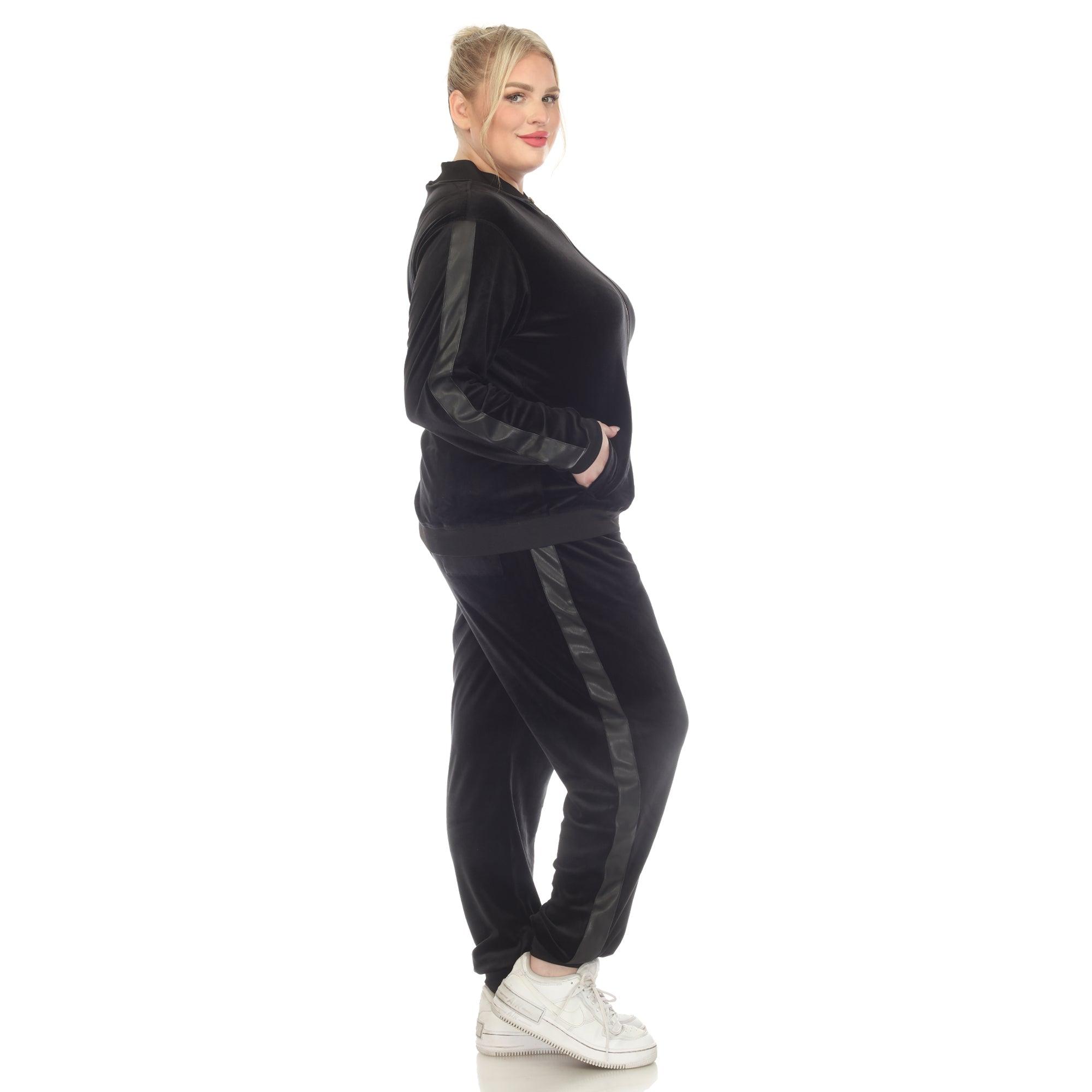 White Mark Women's 2-Piece Velour with Faux Leather Stripe - Plus Female Product Image