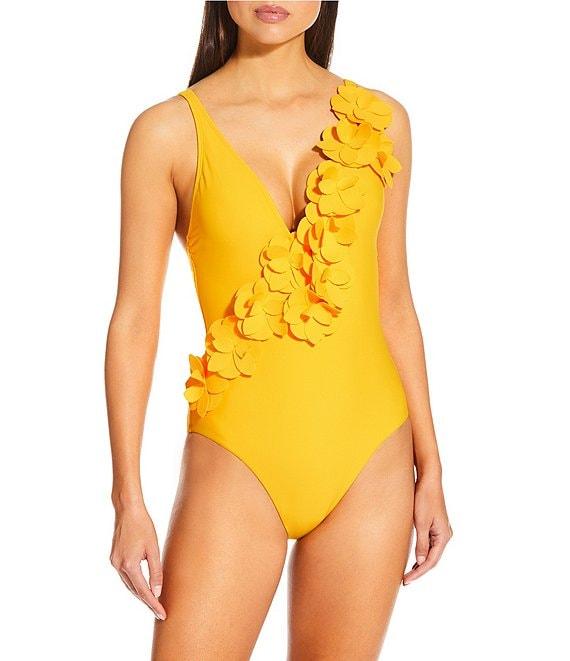 Antonio Melani Solid Rosette Deep V-Neck One Piece Swimsuit Product Image