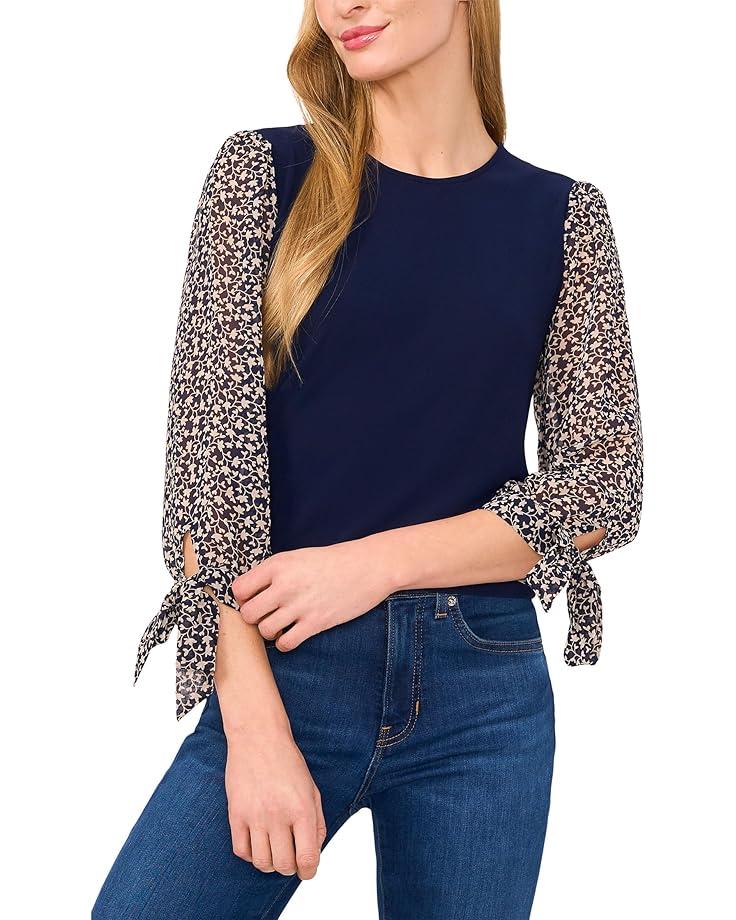 Elbow Puff Sleeve Henley Mixed Media Tee Product Image