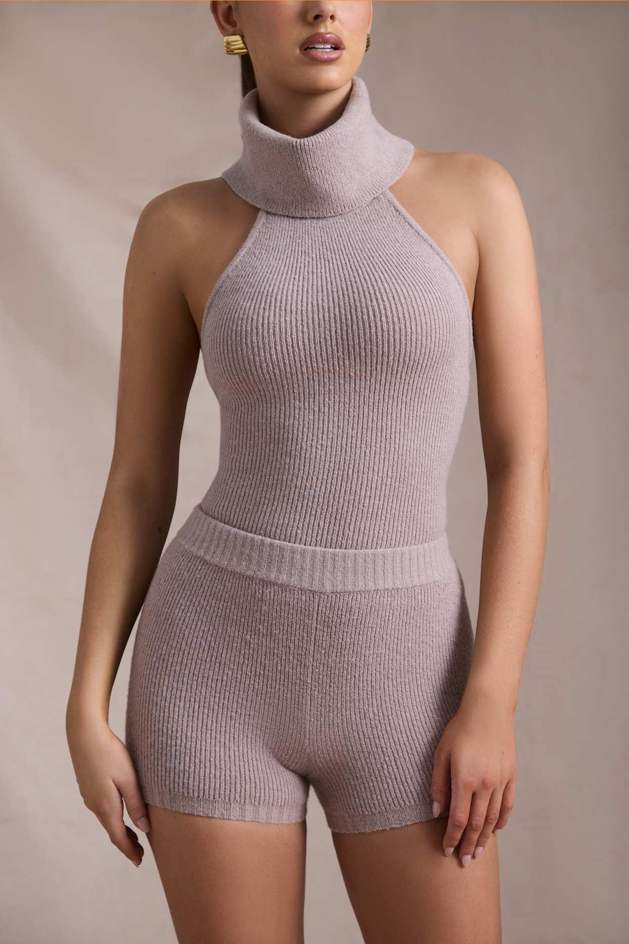 Ribbed-Knit Turtleneck Backless Top in Taupe Product Image