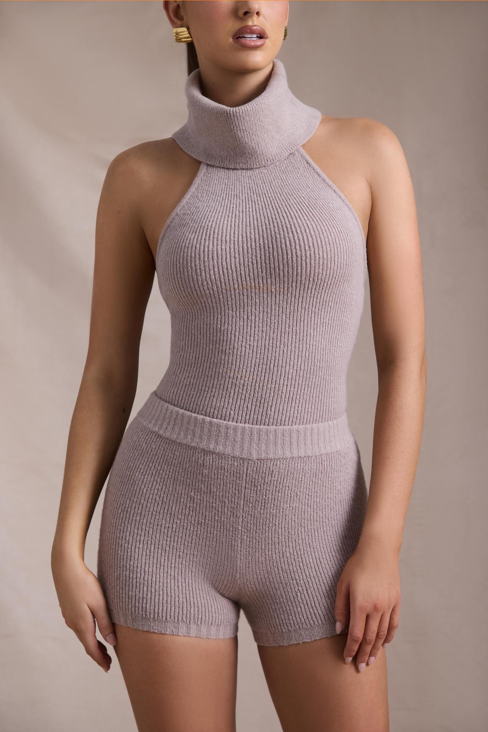 Ribbed-Knit Turtleneck Backless Top in Taupe Product Image