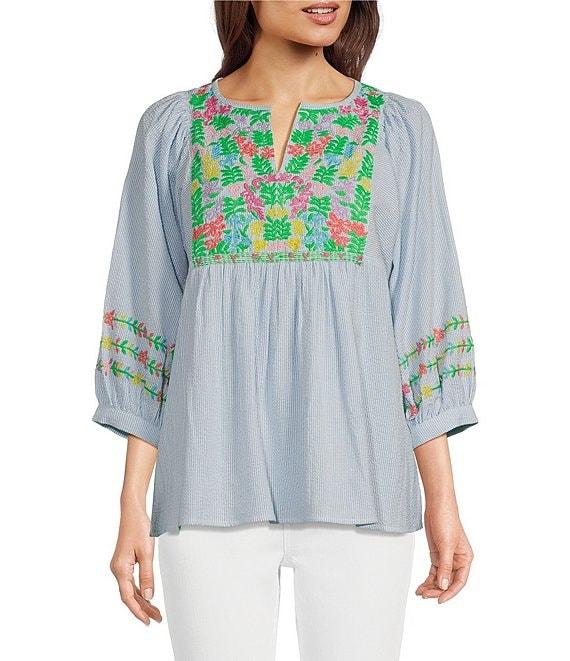 Tru Luxe Jeans Embroidered Split V-Neck 3/4 Sleeve Popover Top Product Image