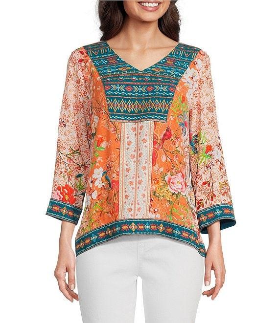 John Mark Embroidered Printed V-Neck 3/4 Sleeve Top Product Image