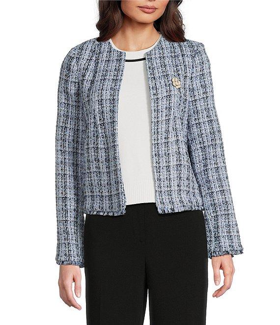 KARL LAGERFELD PARIS Tweed #double;Karl#double; Logo Round Neck Long Sleeve Open-Front Jacket Product Image