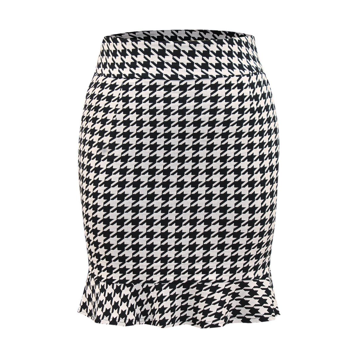 Plus Size Houndstooth Ruffle Hem Bodycon Skirt Women Black Office Ruffles Bodycon Low stretch Work Skirts BloomChic 12/L Product Image