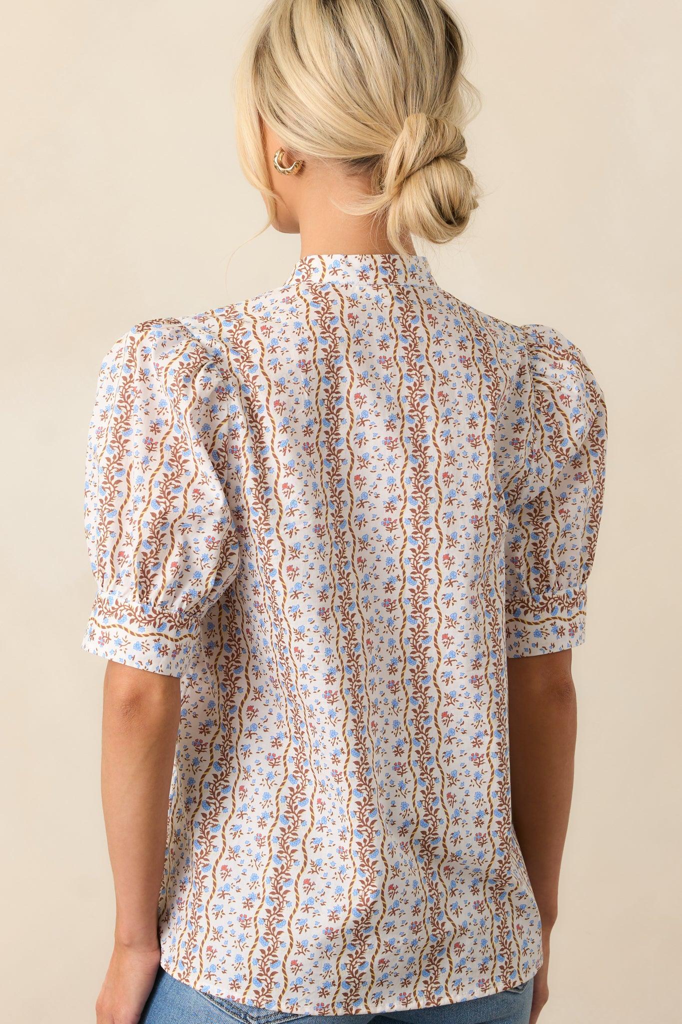 The Road Ahead Light Blue Floral Cotton Button Front Top Product Image
