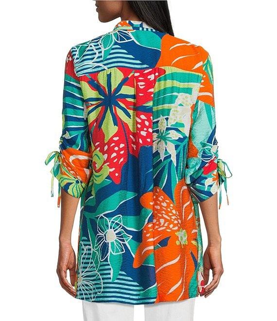 John Mark Printed Wire Collar 3/4 Cinch Tie Sleeve Button Front Tunic Product Image
