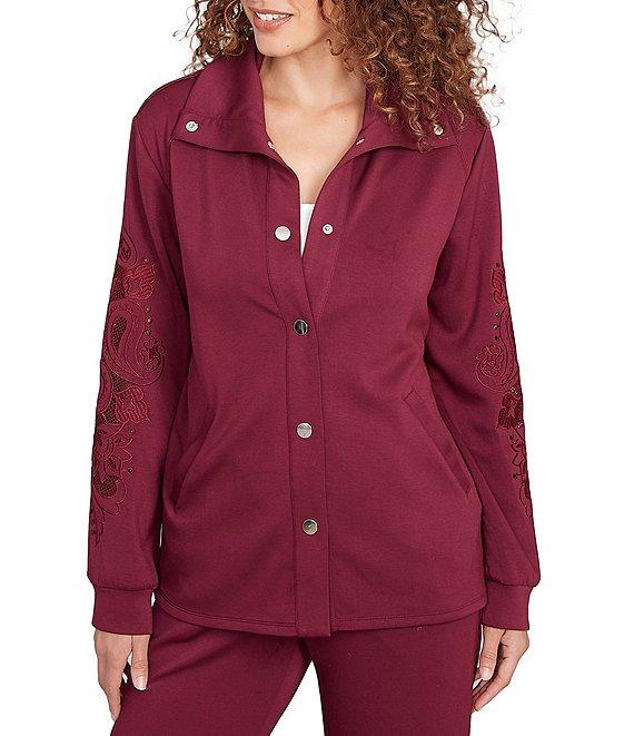 Ruby Rd. Solid Scuba Open Floral Cut-Out Embroidered Long Sleeve Snap-Front Jacket Product Image
