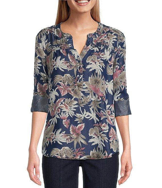 Intro Petite Size Lyocell Slub Dark Wash Pal Print Y-Neck Long Roll-Tab Sleeve Shirttail Hem Blouse Product Image