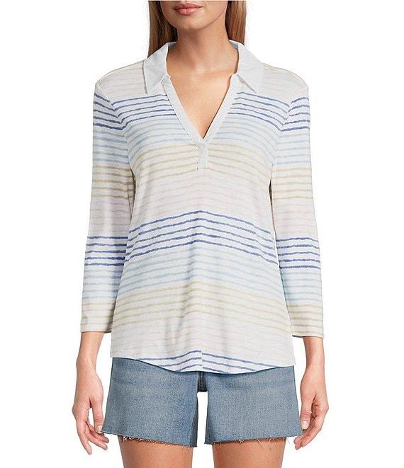 Tommy Bahama Ashby Isles Seabright Stripe Slub Rib Knit Johnny Collar 3/4 Sleeve Top Product Image