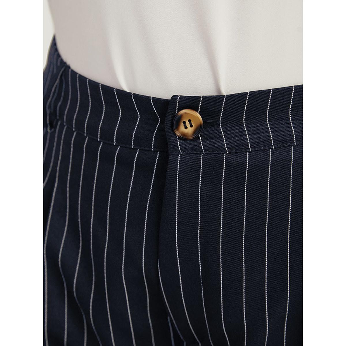 Plus Size Striped Pocket Loose Pleated Button Fly Pants Women Indigo At the Office Straight Leg High Rise Work Pants BloomChic 12/L Product Image