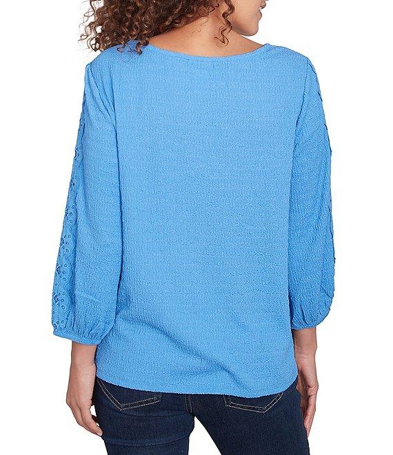 Ruby Rd. Textured Eyelet Trim Boat Neck Bracelet Length Sleeve Knit Top Product Image