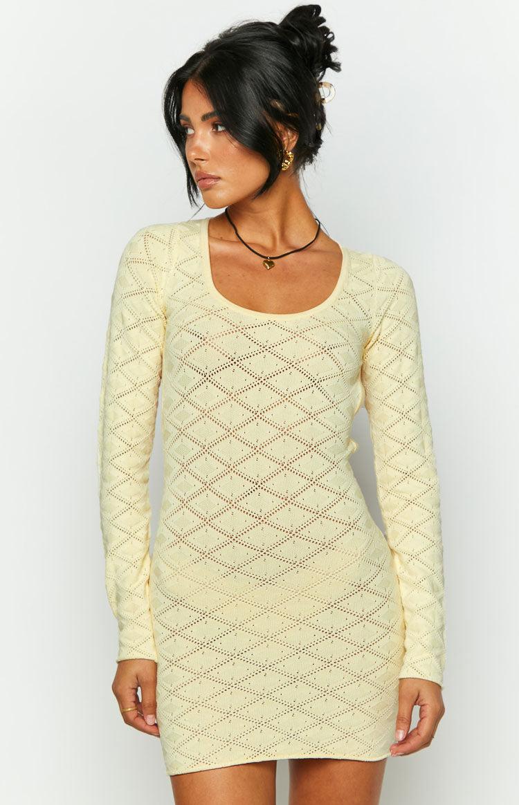 Carrie Yellow Long Sleeve Knit Mini Dress Product Image