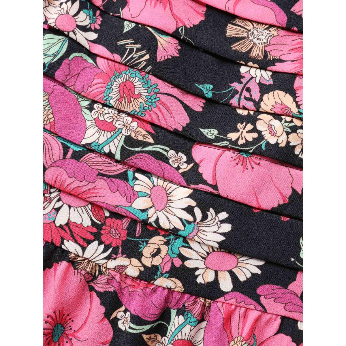 Plus Size Pleated Side Pockets Floral Midi Dress Black Women Tucked seam Non Sleeveless Curvy BloomChic 28/5X Product Image