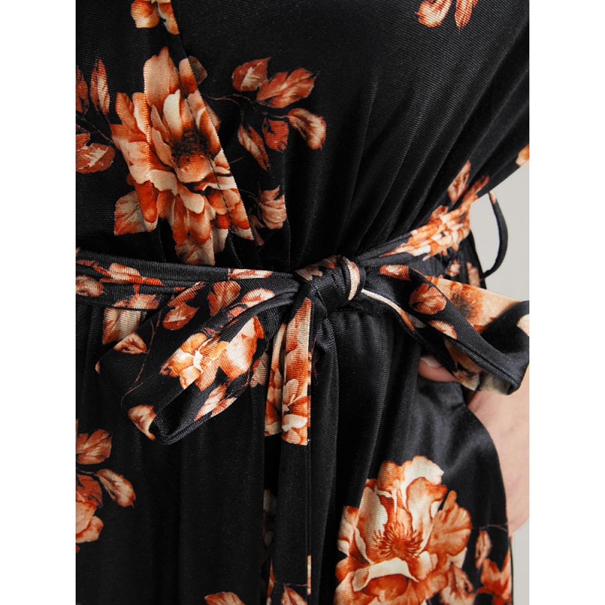Plus Size Floral Lantern Sleeve Belted Surplice Neck Velvet Maxi Dress Black Women Elegant Cross straps V-neck Long Sleeve Curvy Long Dress BloomChic 14-16/1X Product Image
