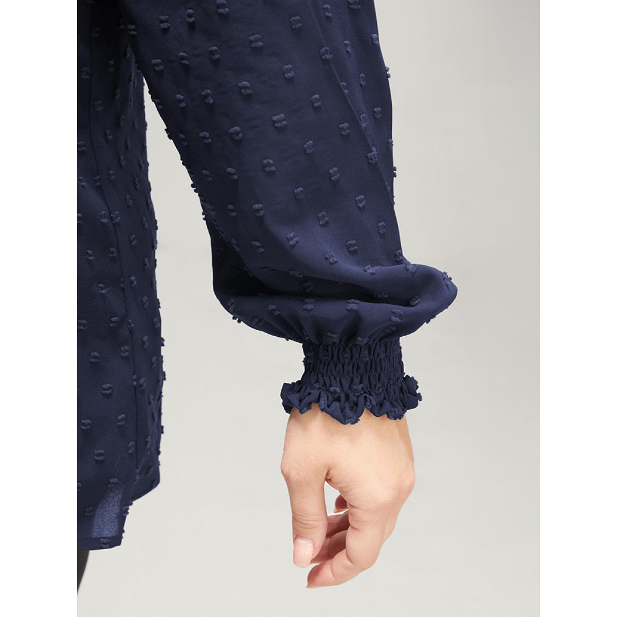 Plus Size Navy Polka Dot Frill Trim Shirred Keyhole Blouse Women Elegant Long Sleeve Round Neck Dailywear Blouses BloomChic 28/5X Product Image