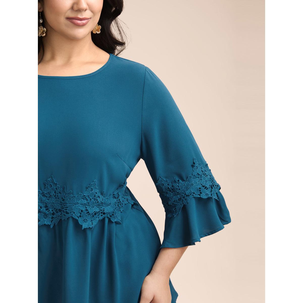 Plus Size Aegean Lace Detail Ruffled Round Neck Blouse Women Timeless Elbow-length sleeve Round Neck Elegant Blouses BloomChic 22-24/3X Product Image