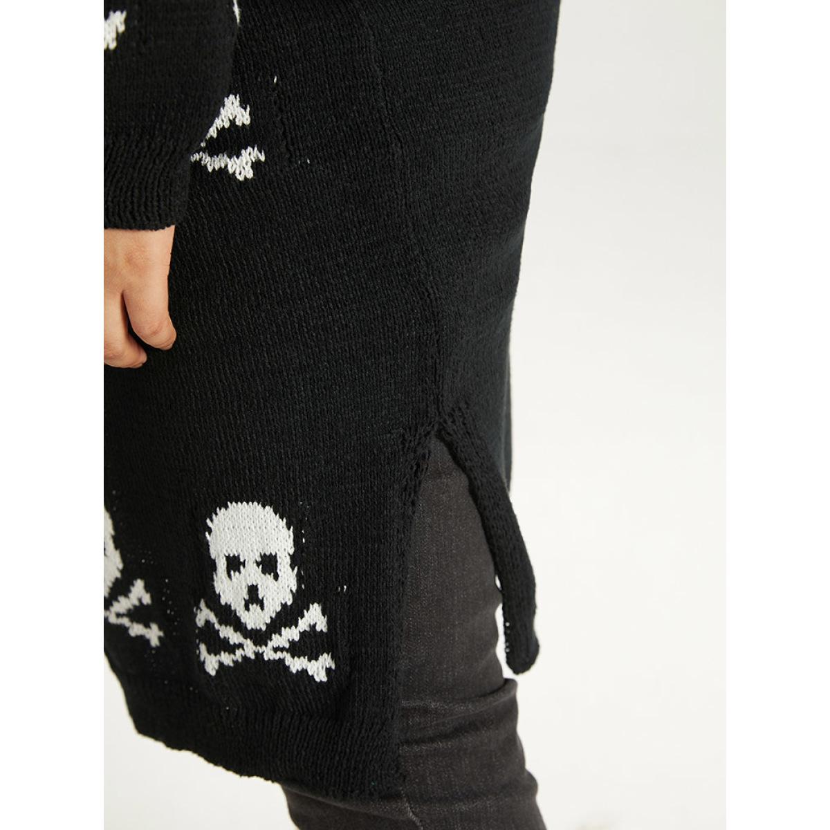 Plus Size Halloween Skull Print Split Side Drop Shoulder Maxi Cardigan Black Women Casual Loose Long Sleeve Festival-Halloween Cardigans BloomChic 26/4X Product Image