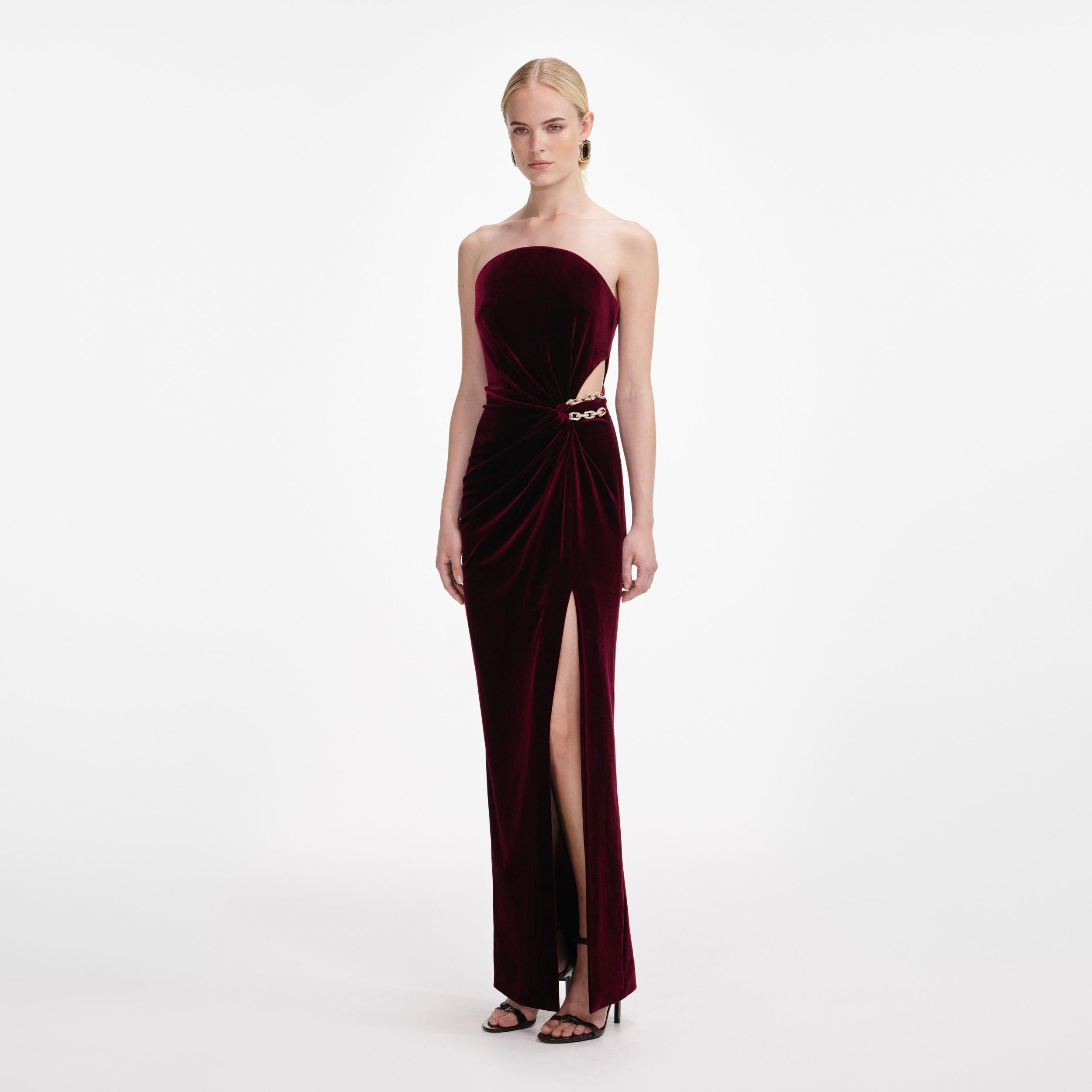 Burgundy Velvet Bandeau Maxi Dress Product Image