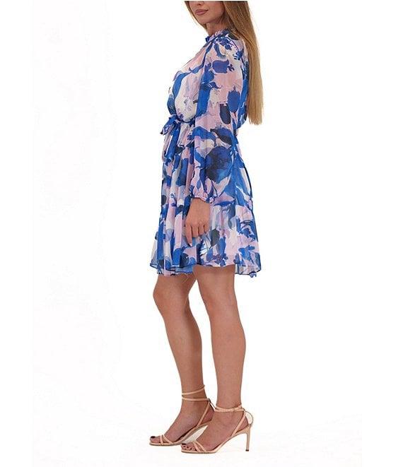 Julia Jordan Chiffon Floral Print Mock Neck Long Sleeve Waist Tie Belt Tiered A-Line Dress Product Image