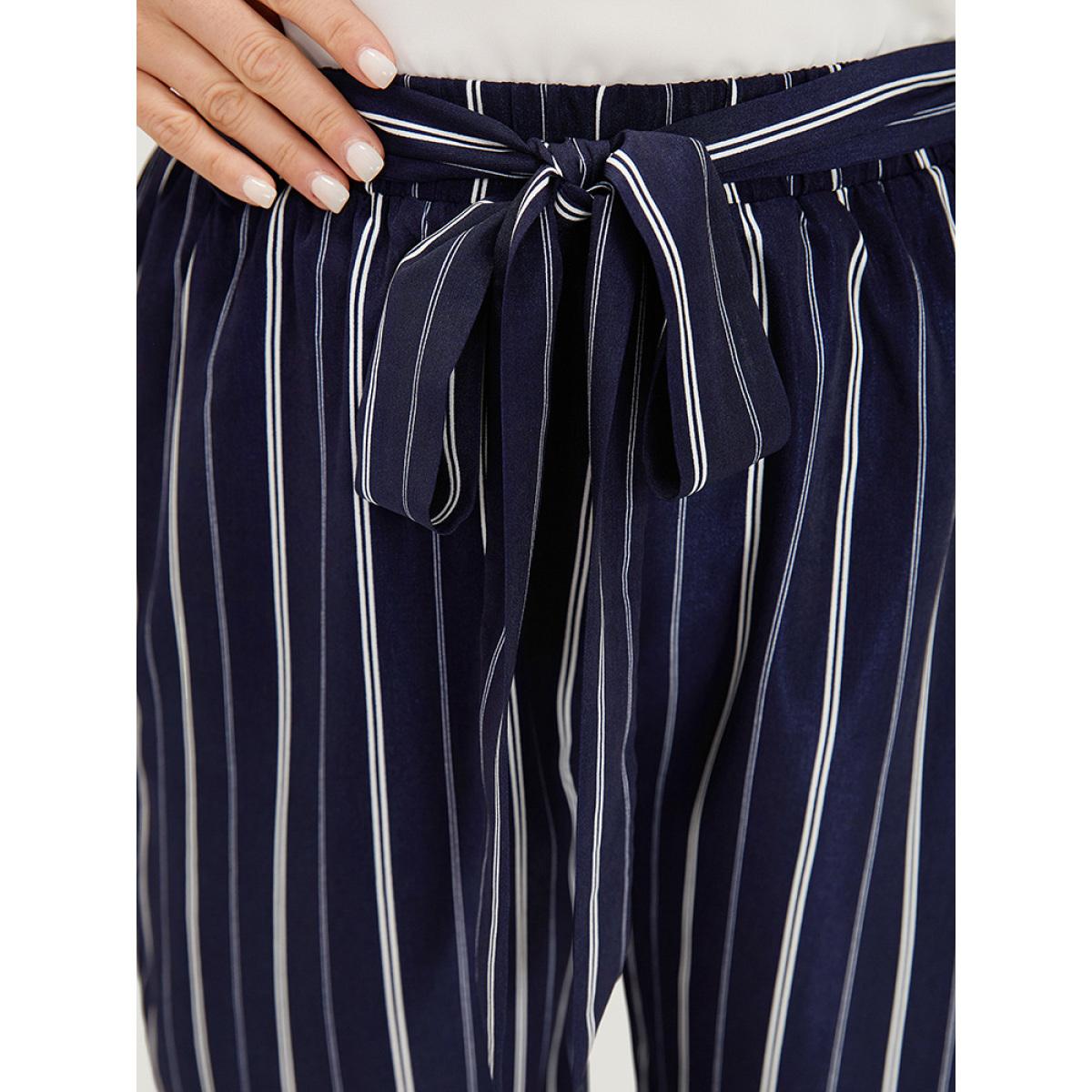 Plus Size Striped Belted Pocket High Rise Cropped Pants Women Indigo Office Straight Leg High Rise Office Pants BloomChic 14-16/1X Product Image