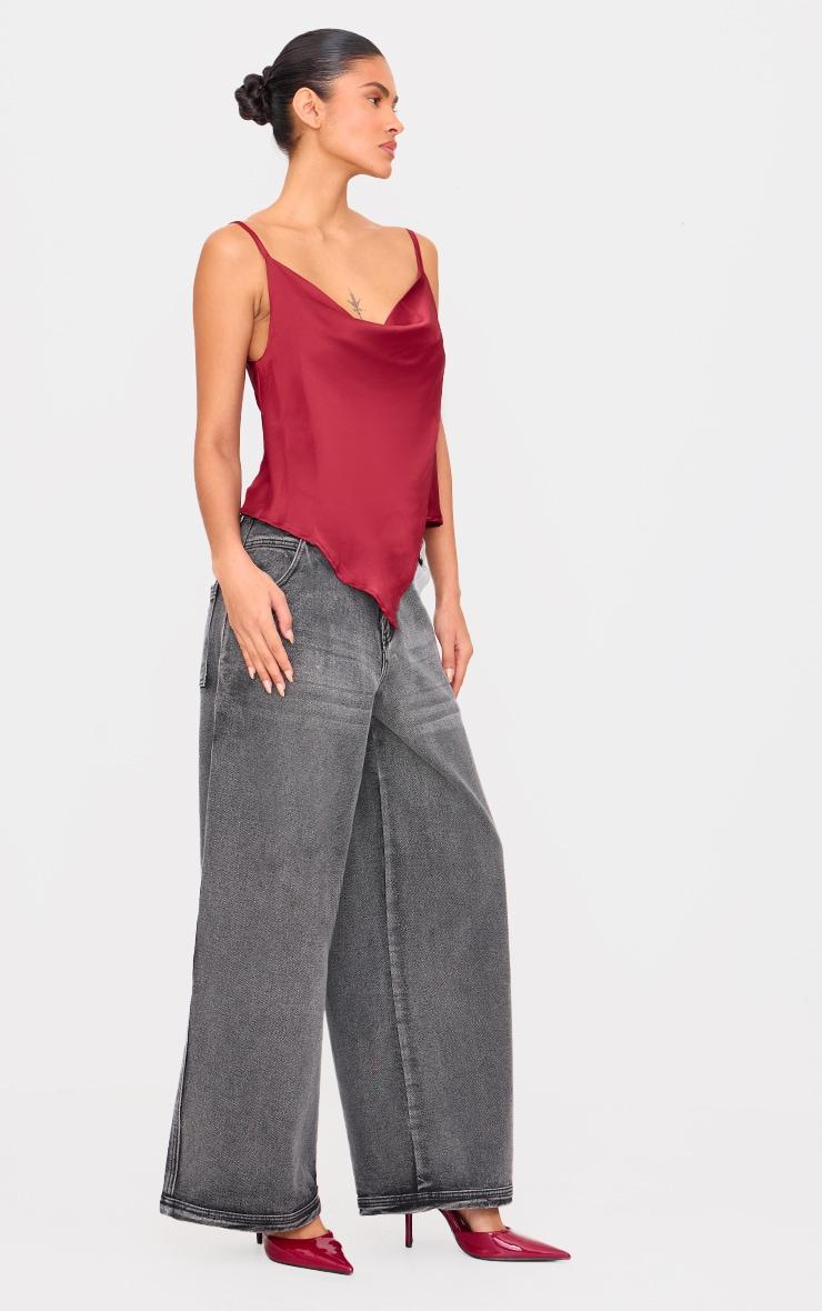 Burgundy Satin Split Hem Asymmetric Long Top Product Image