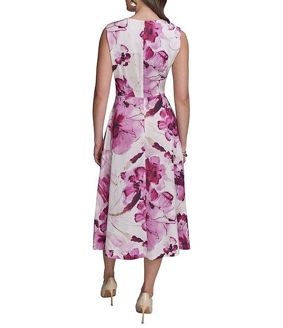 Donna Karan Floral Print Crew Neck Cap Sleeve Wrap Front Midi Dress Product Image
