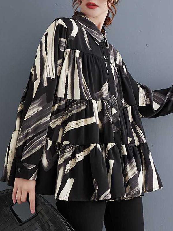 Long Sleeves Loose Pleated Printed Split-Joint Lapel Blouses Product Image
