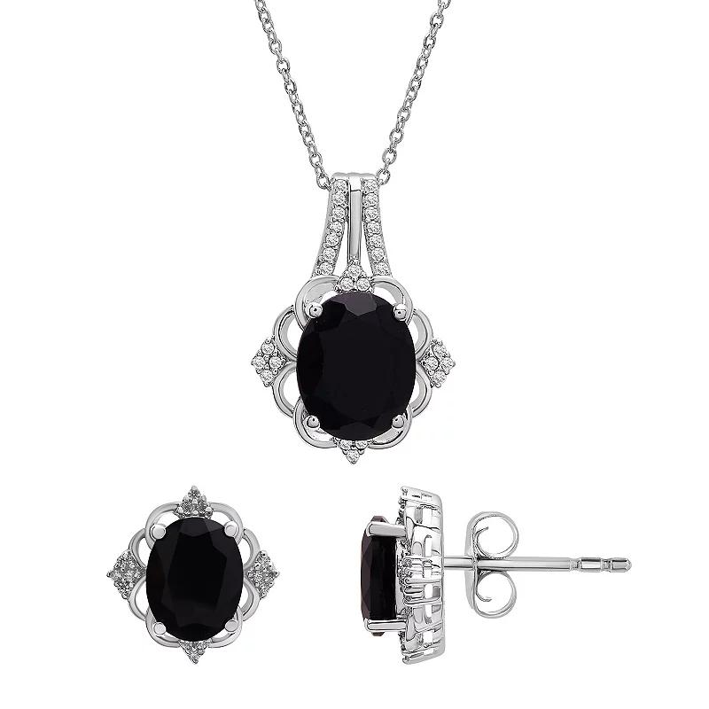 Sterling Silver 1/8 Carat T.W. Diamond & Onyx Pendant & Earring Set, Women's, Size: 18" Product Image