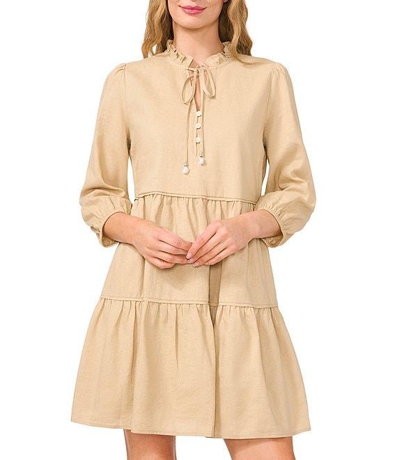 CeCe Split Round Neck Ruffle 3/4 Sleeve Tiered A-Line Dress Product Image
