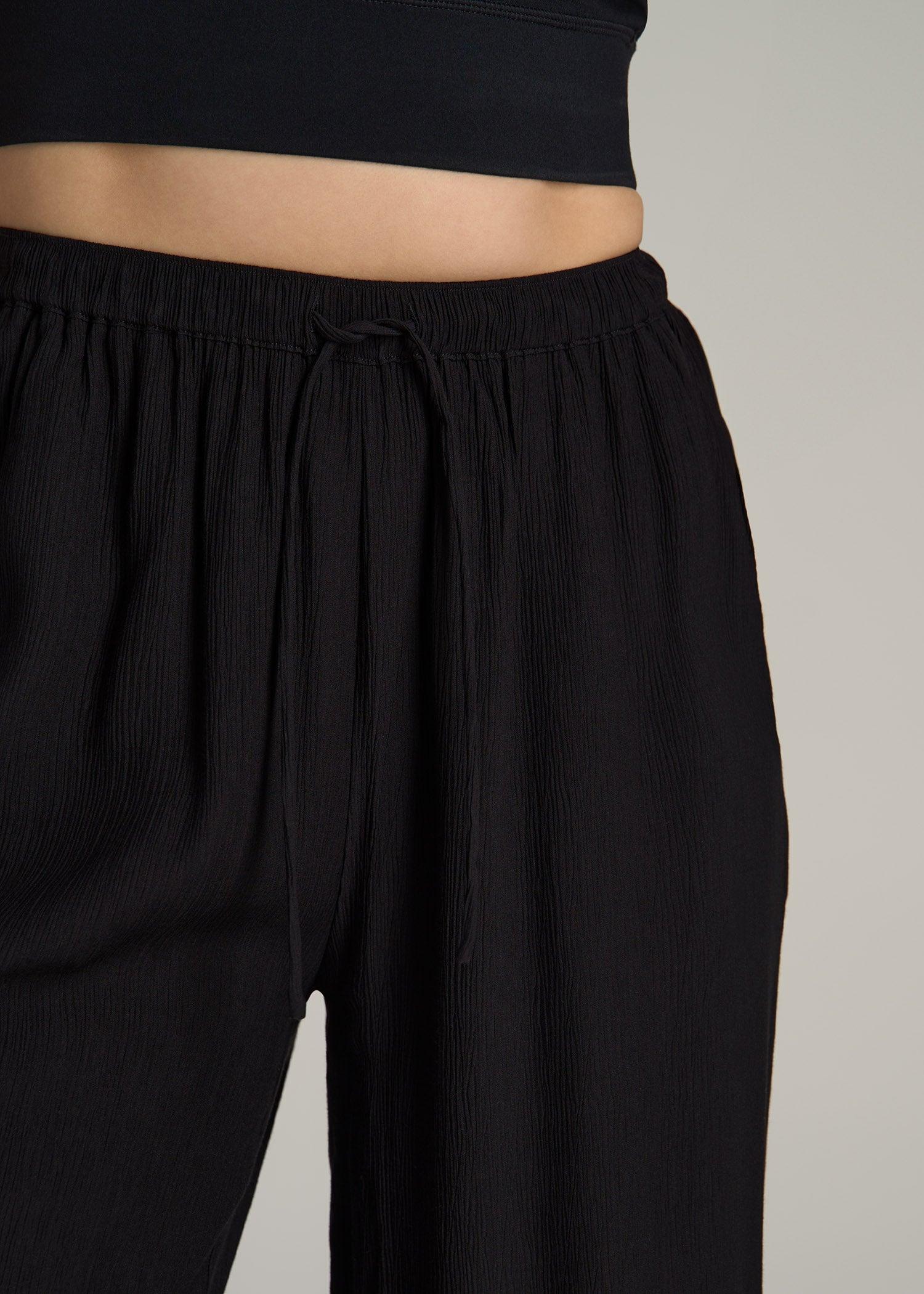 Crinkle Pull-on Wide-leg Pants for Tall Women in Black Female Product Image