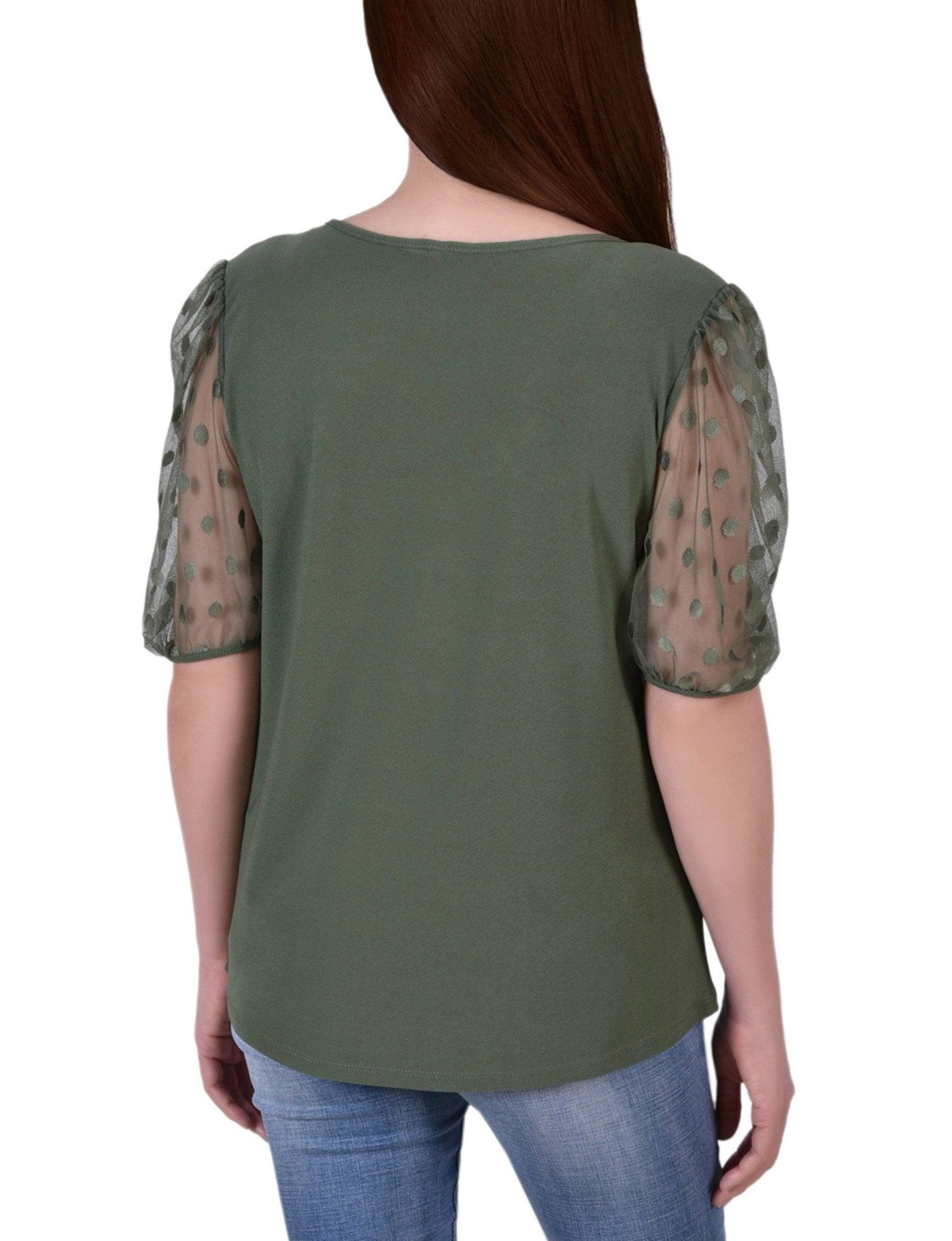 Bronze Green 3/4 Sleeve Blouse With Necklace - Petite Product Image