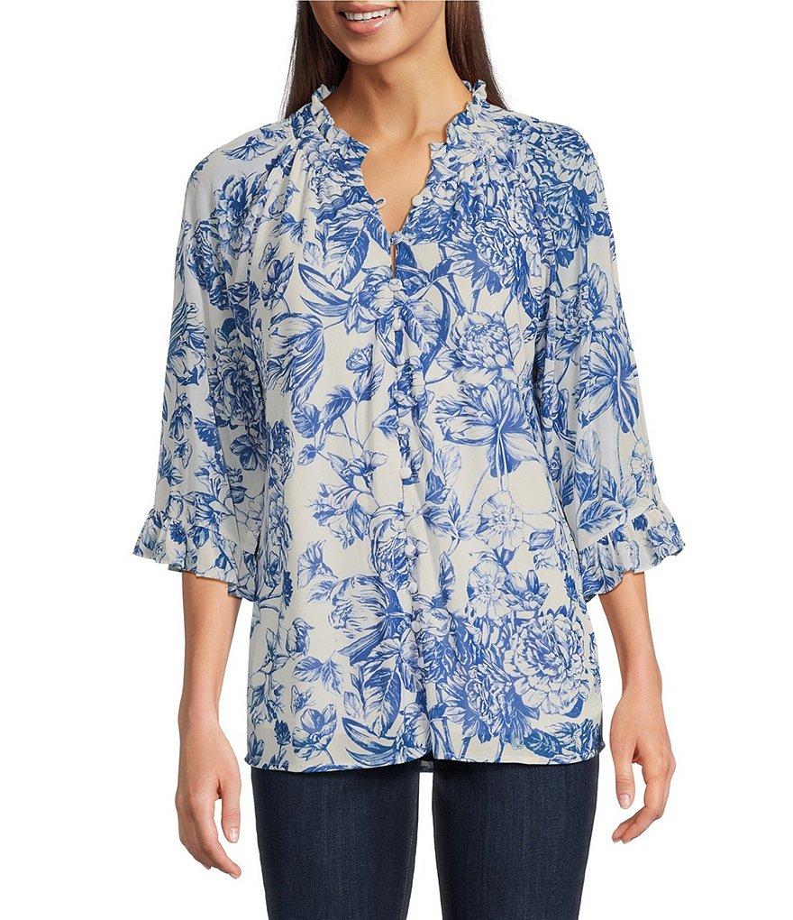 Calessa Porcelain Floral Mesh Ruffled Split V-Neck Long Sleeve Button Front Blouse Product Image
