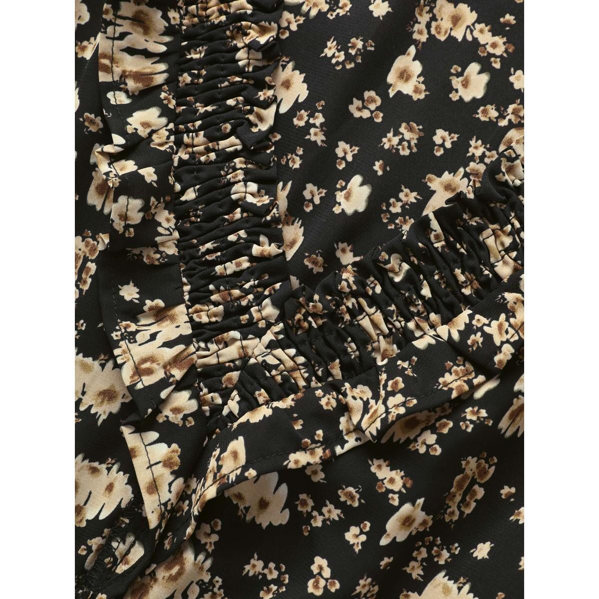 Plus Size V Neck Ditsy Floral Ruffles Shirred Dress Black Women Resort Shirred V-neck Long Sleeve Curvy BloomChic 18-20/2X Product Image