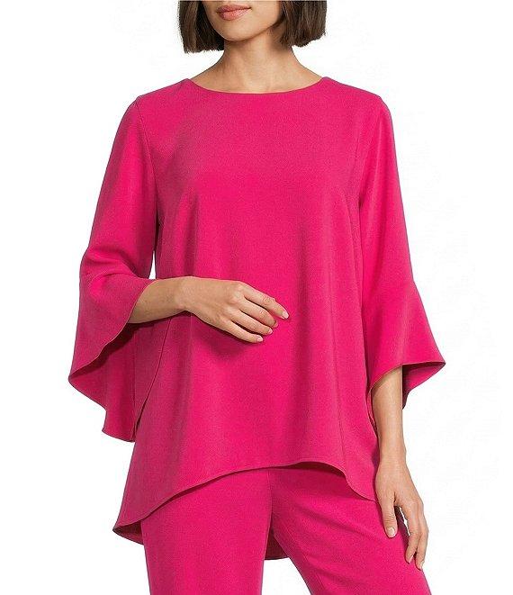 Caroline Rose Julia Matte Crepe Crew Neck 3/4 Ruffled Sleeve High-Low Hem Top Product Image