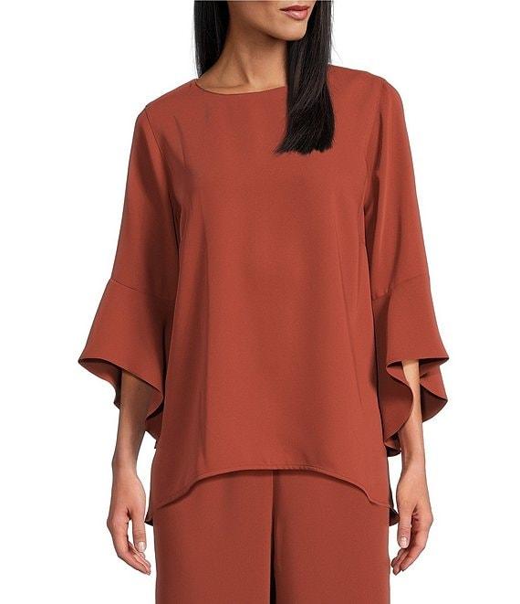 Caroline Rose Julia Matte Crepe Crew Neck 3/4 Ruffled Sleeve High-Low Hem Top Product Image