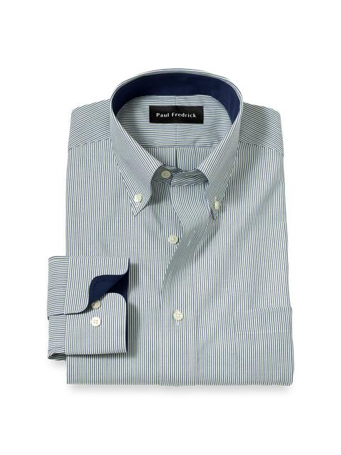 Non-Iron Cotton Stripe Dress Shirt With Contrast Trim - Green Product Image