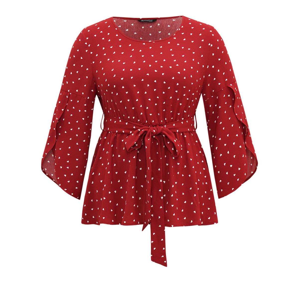 Plus Size Red Heart Print Belted Petal Sleeve High Low Hem Blouse Women Elegant Elbow-length sleeve Round Neck Everyday Blouses BloomChic 18-20/2X Product Image