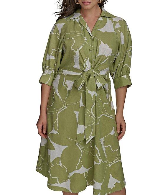 Donna Karan Plus Size Floral Print Midi Shirt Dress Product Image