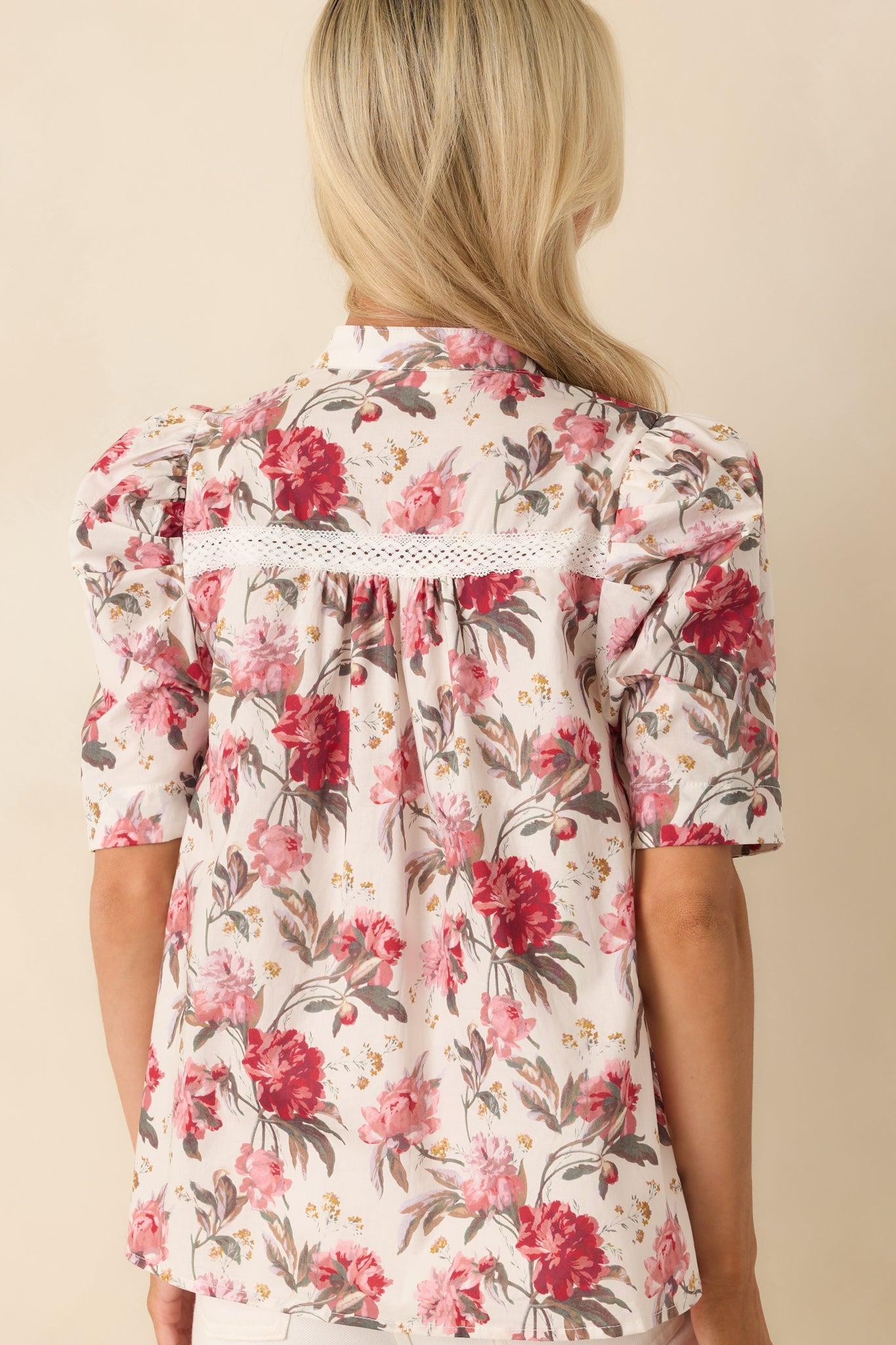 On Your Mind Pink Multi Floral Print Cotton Button Front Top L / White Product Image