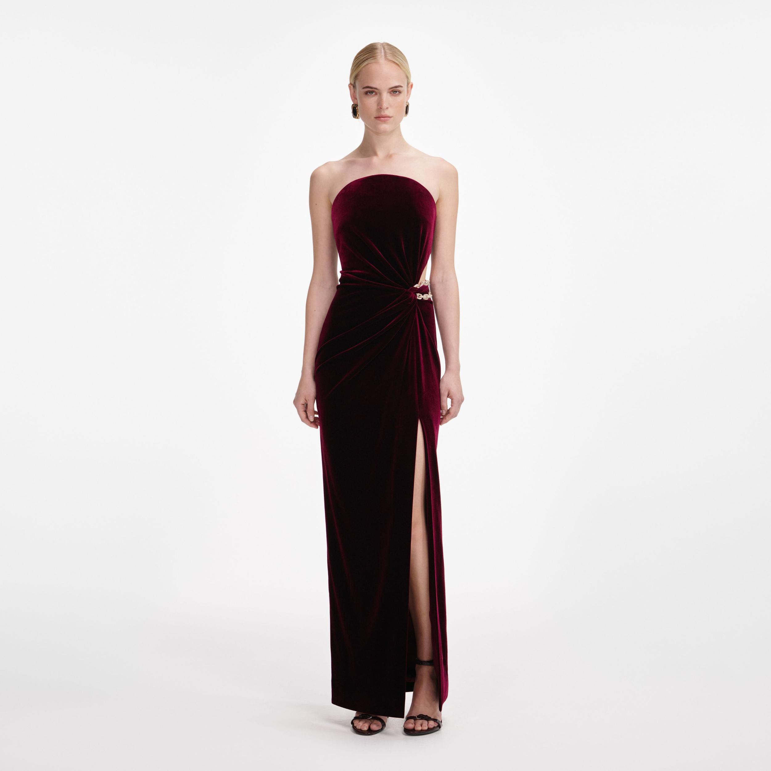 Burgundy Velvet Bandeau Maxi Dress Product Image