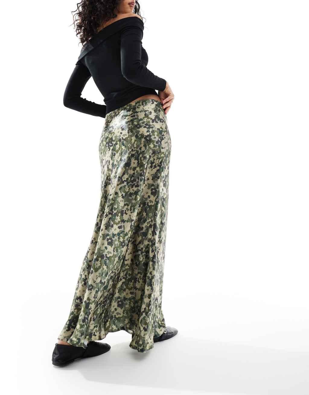 Threadbare satin maxi skirt in olive digital print Product Image
