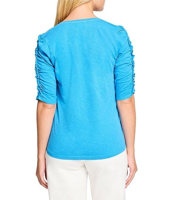 NIC + ZOE Cotton Knit Slub Split V-Neck Short Ruched Sleeve Tee Shirt Product Image