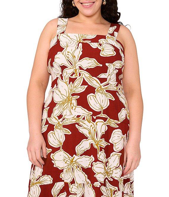 Vince Camuto Plus Size Floral Printed Woven Square Neck Sleeveless Shift Maxi Dress Product Image