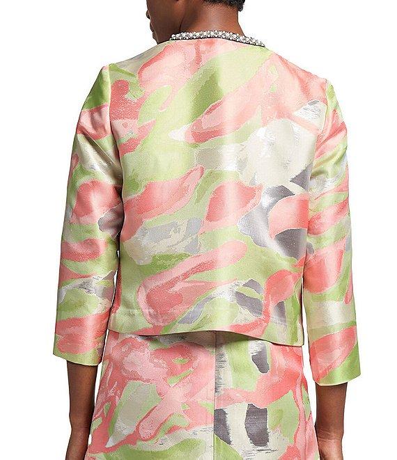 Ming Wang Printed Jacquard Round Neck 3/4 Sleeve Peral Trim Jacket Product Image
