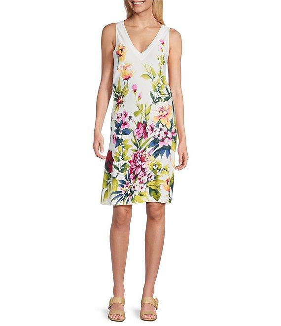 Tommy Bahama Darcy Verde Bloom Printed Drapery Ponte Jersey V-Neck Sleeveless Sheath Dress Product Image
