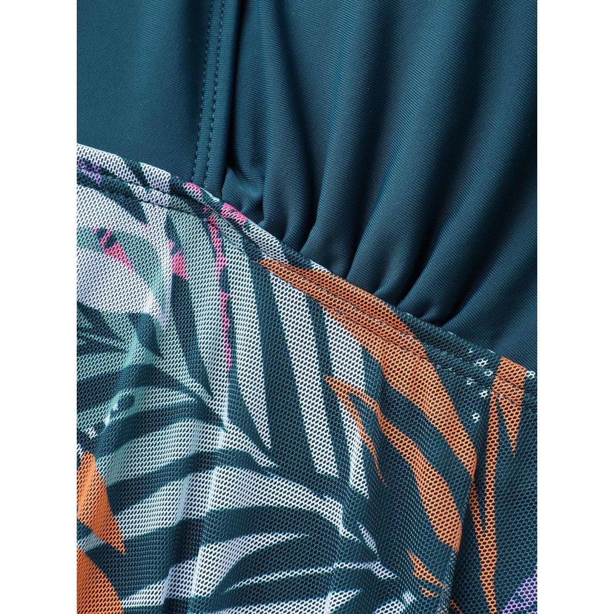Plus Size Tropical Leaf Print Mesh Flowy Swim Dress Women's Swimwear Cyan Beach Bodycon Overlap Collar High stretch Curve Swim Dresses BloomChic 22-24/3X Product Image