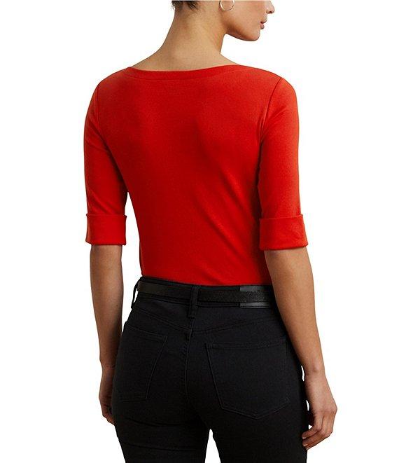 Lauren Ralph Lauren Petite Size Judy Solid Stretch-Infuse Cotton Boat Neck Tee Product Image