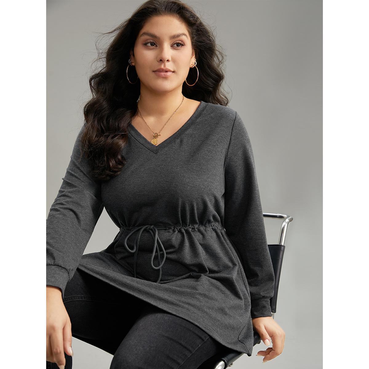 Plus Size V Neck Plain Drawstring Knot Sweatshirt Women Gray Casual Plain V-neck Dailywear Sweatshirts BloomChic 22-24/3X Product Image